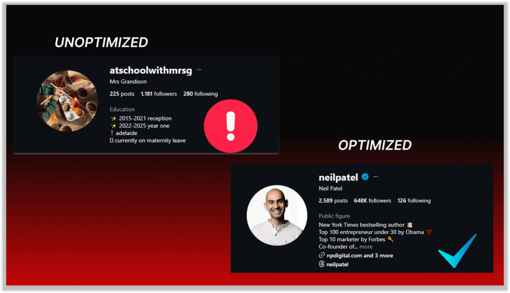 Side by side comparison of optimised and unoptimised Nigerian Instagram profile bio showing keyword placement and niche clarity