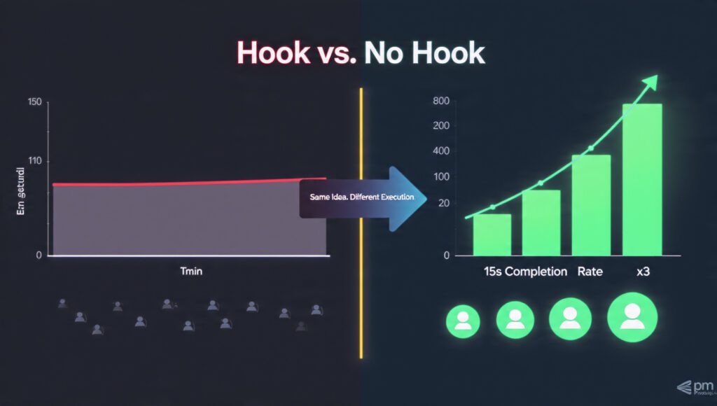 Split screen comparing a flat engagement graph from a slow intro video versus rising graph with high 15-second completion rate.