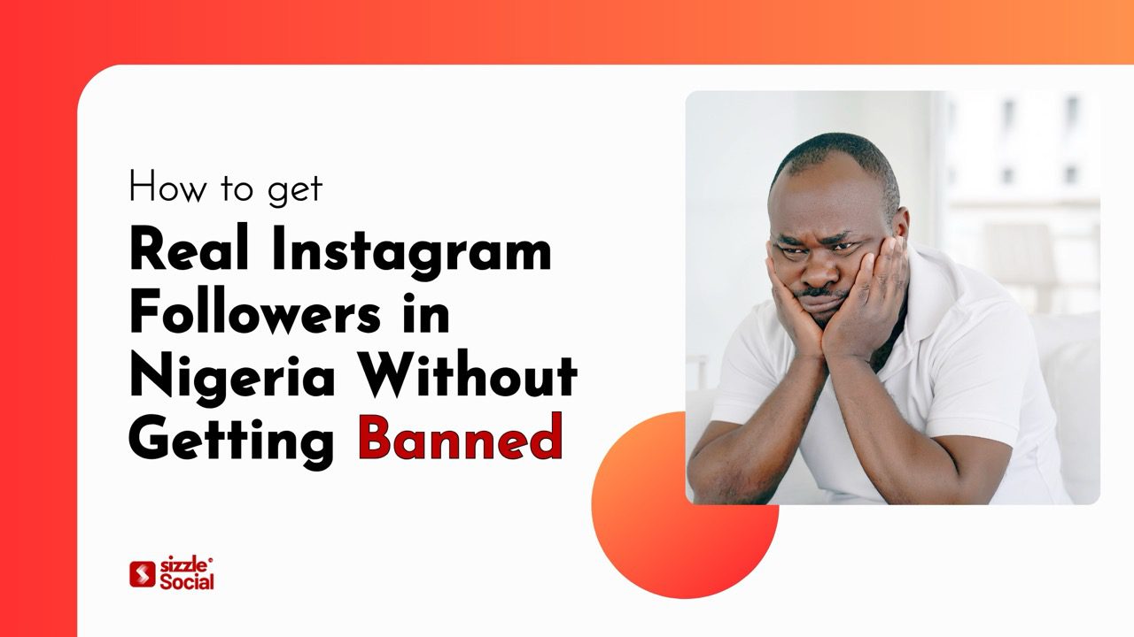 Clean marketing graphic showing text “How to Get Real Instagram Followers in Nigeria Without Getting Banned” beside a frustrated Nigerian man, illustrating safe Instagram growth strategies.