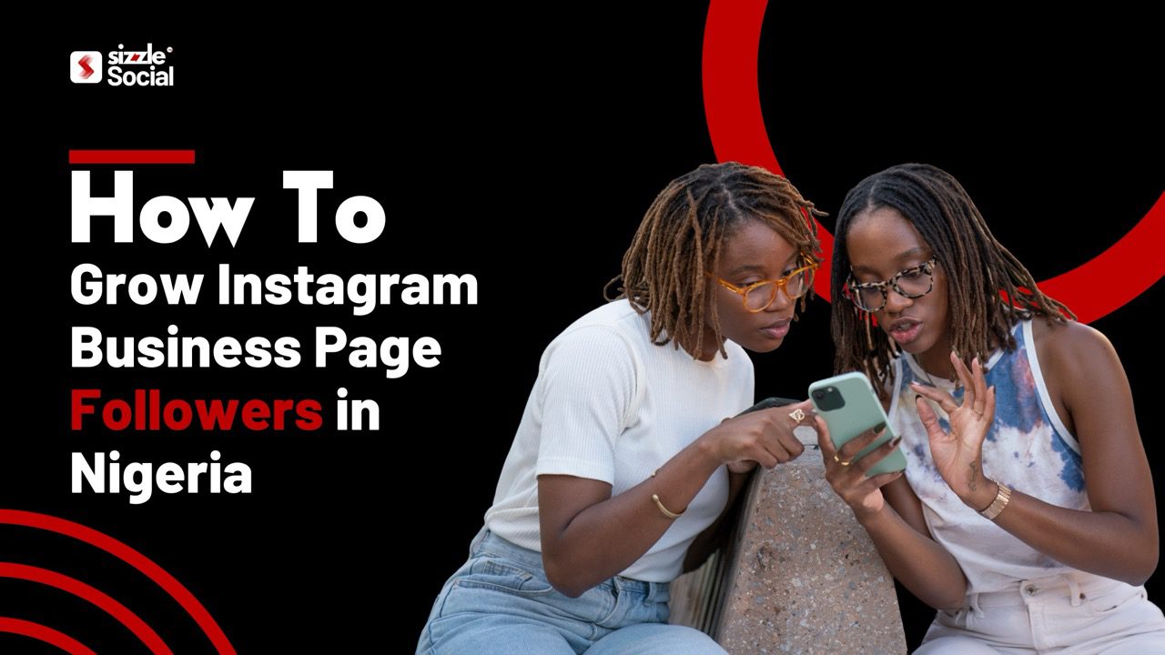 Two Nigerian women checking Instagram business page growth on smartphone with bold marketing headline design