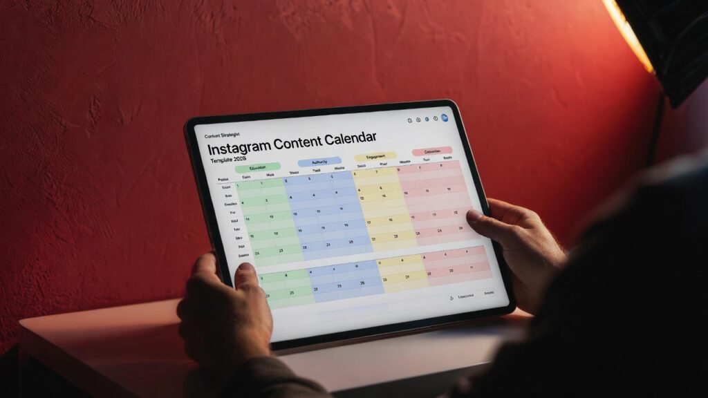 Instagram content calendar template showing weekly organic posting schedule in deep red workspace.