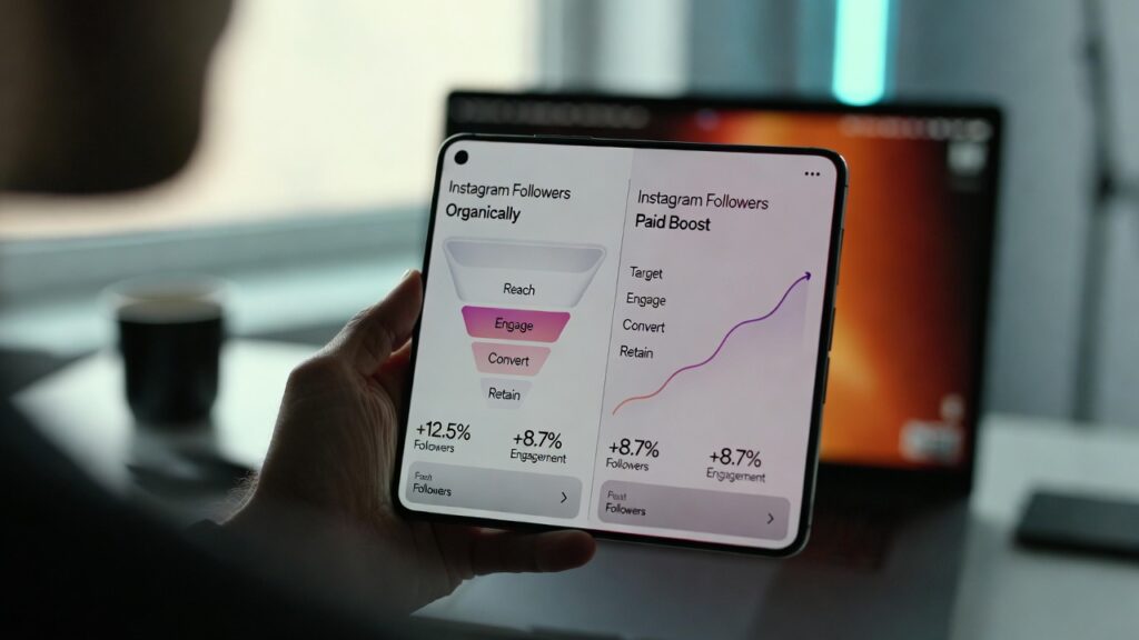 Instagram followers organically vs paid growth strategy shown on smartphone analytics dashboard.