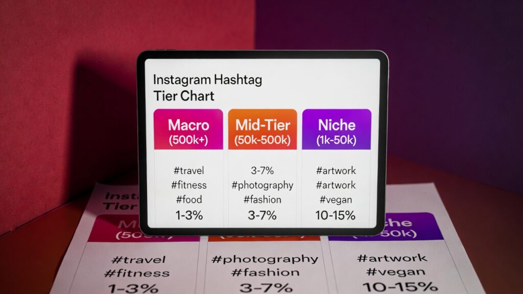 Instagram hashtag strategy chart showing macro, mid-tier and niche hashtags for organic growth.