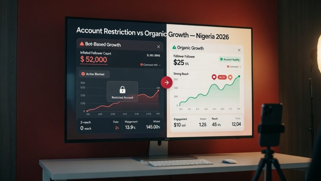 Nigerian Instagram account showing bot growth restriction vs safe organic growth