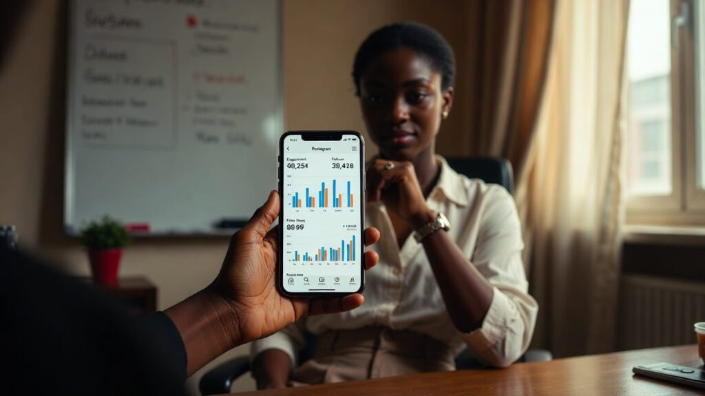 Nigerian business woman checking Instagram analytics on smartphone in Lagos office