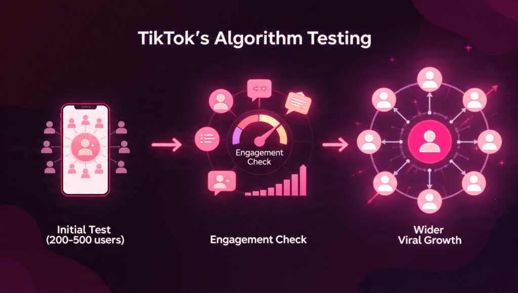 Infographic showing TikTok algorithm phases from small test audience to engagement check and wider reach with arrows and engagement icons