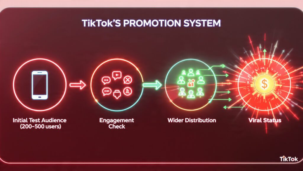 Concentric circle infographic showing TikTok initial test, engagement check, wider distribution, and viral status.