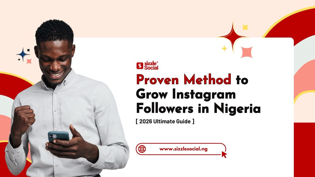 Nigerian man celebrating Instagram growth guide for 2026 with Sizzle Social branding