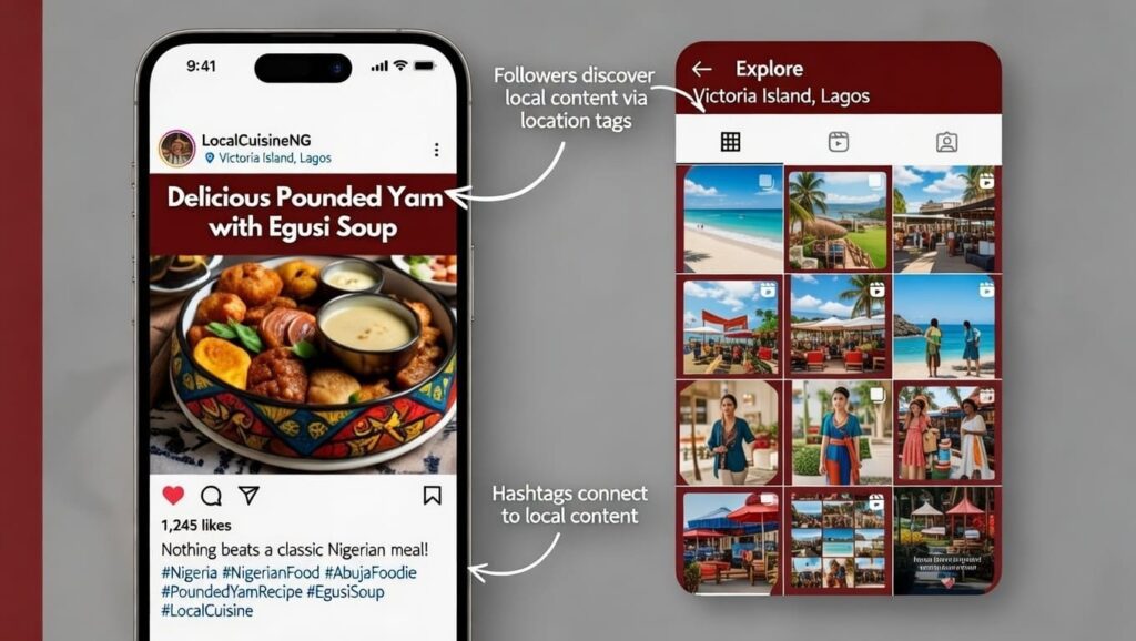 Instagram location tag example showing Victoria Island Lagos tagged post appearing in local location explore page for Nigerian follower discovery
