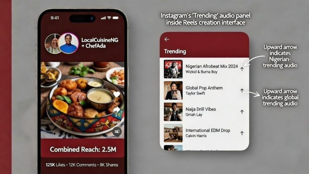 Instagram Reels trending audio panel showing Nigerian Afrobeats music trending indicator for creator growth strategy