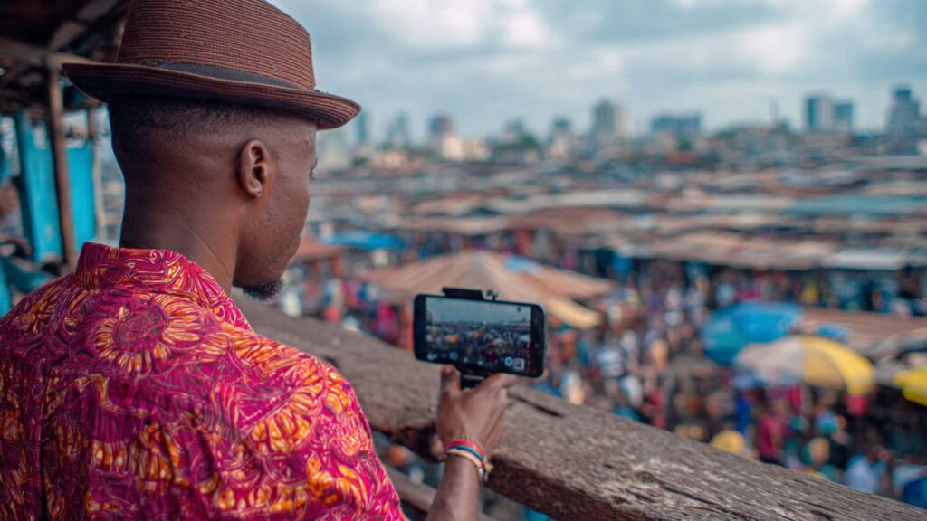 Nigerian Instagram creator filming a Reel on smartphone in Lagos Nigeria 2026