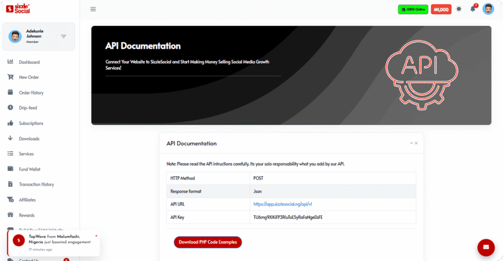 Sizzle Social API documentation page showing HTTP method, API URL, and PHP code download button