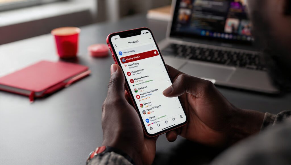 Nigerian startup founder researching Instagram hashtags for business growth on phone