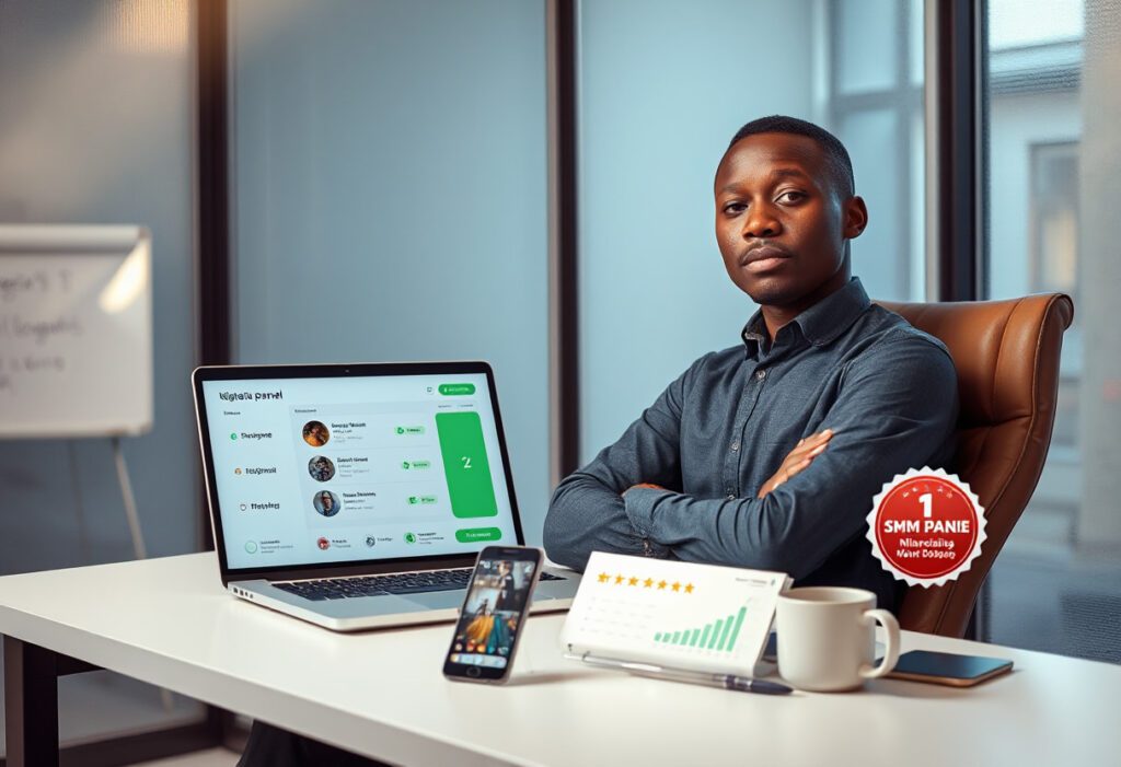 Confident Nigerian man at a workstation reviewing an Instagram SMM panel comparison scorecard on his laptop — best Instagram SMM panel Nigeria 2026 breakdown and review