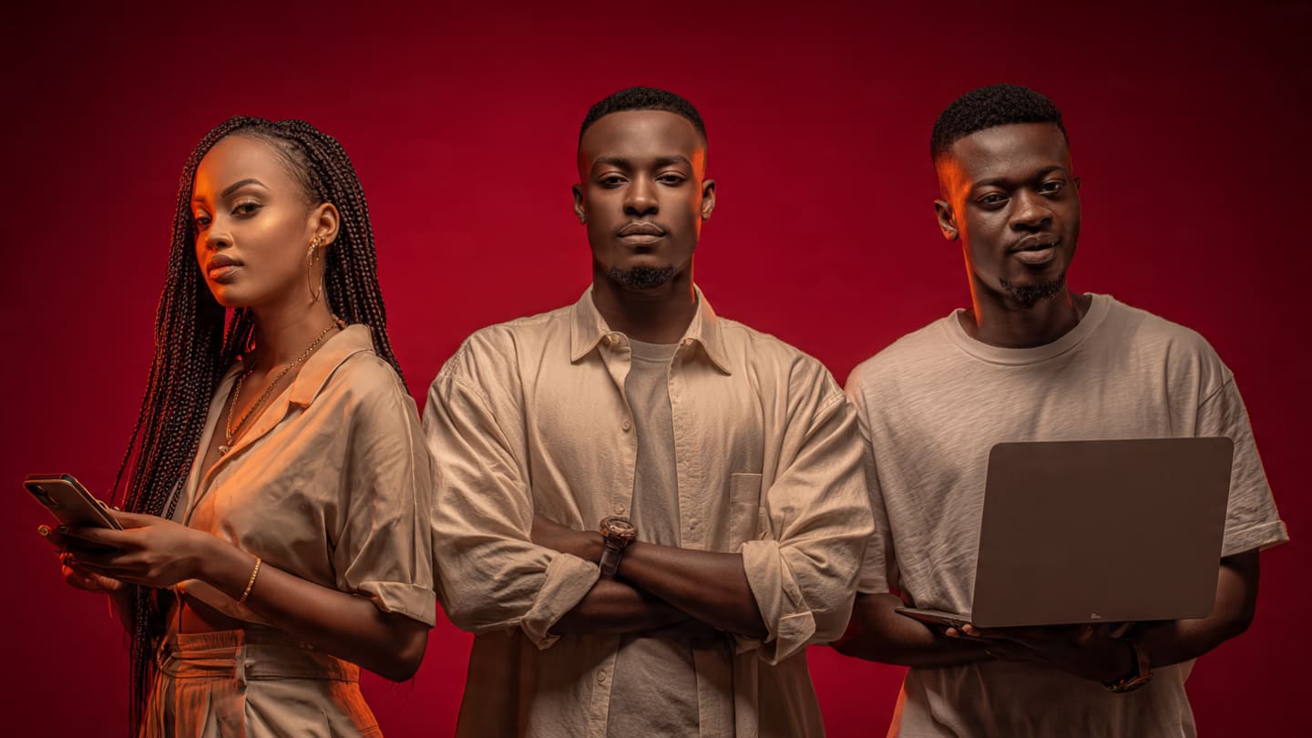 Three confident Nigerian young adults posing with phone and laptop on red background