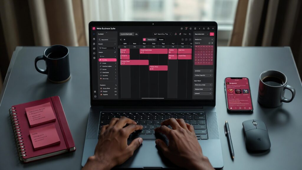 Nigerian creator scheduling Instagram posts using Meta Business Suite on laptop