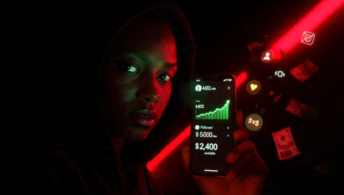 Close-up of a Nigerian man holding a glowing SMM panel dashboard on his phone against a black and red cinematic background — cheapest Instagram SMM panel Nigeria 2026 that actually deliver