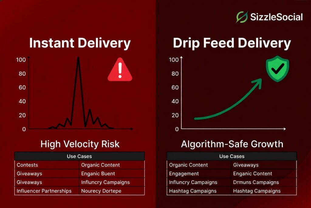 Infographic comparing drip feed and instant delivery SMM methods for Instagram growth safety in Nigeria 2026