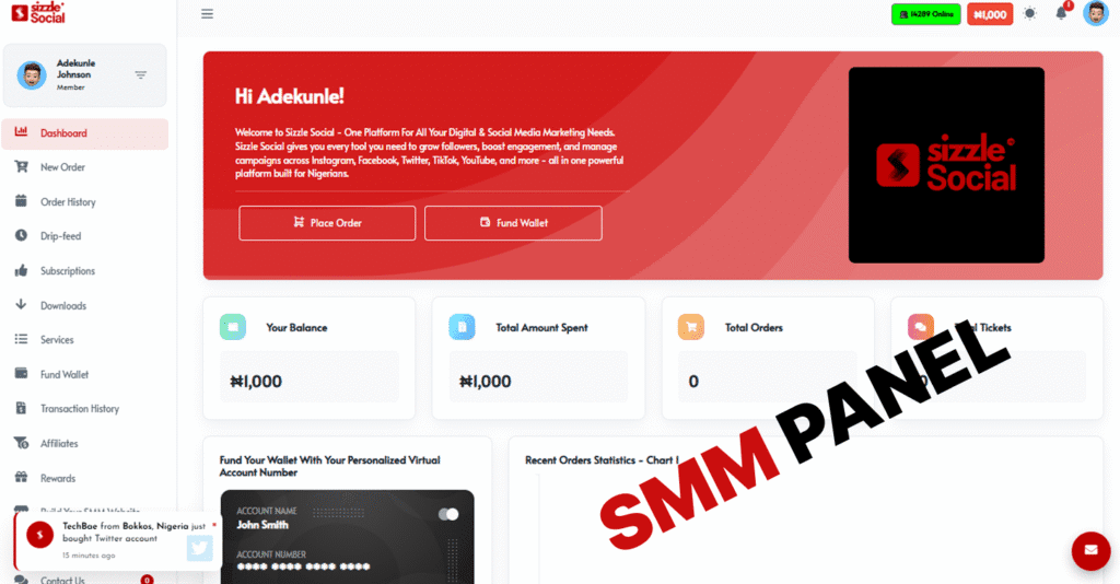 Sizzle Social SMM panel dashboard showing wallet balance, order stats and place order button