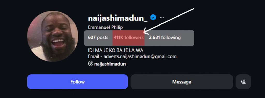Verified Instagram profile naijashimadun showing 411K followers milestone highlighted