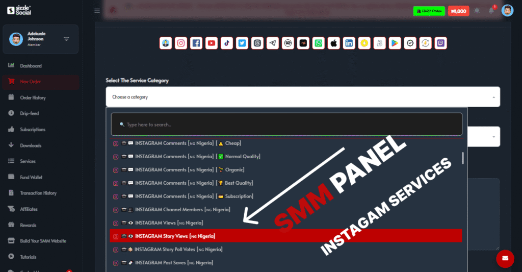 Sizzle Social SMM panel new order page showing Nigerian Instagram comments, views and story services dropdown