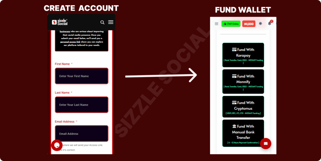 Sizzle Social side-by-side showing account creation form and wallet funding payment options