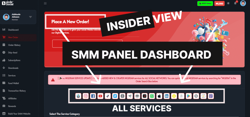 Sizzle Social SMM panel insider view of new order dashboard showing all social media platform icons