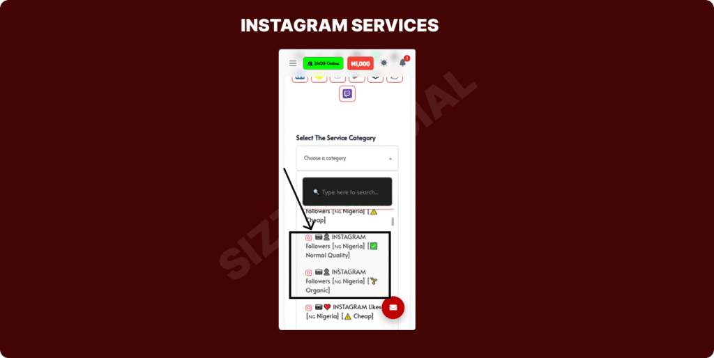 Sizzle Social mobile order page showing Nigerian Instagram followers normal quality and organic categories