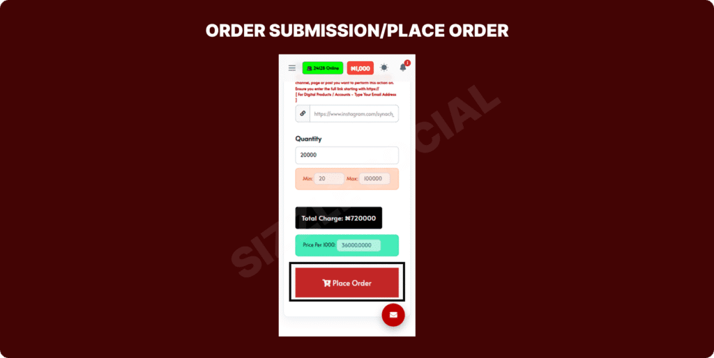 Sizzle Social mobile order submission page showing quantity, total charge, and place order button
