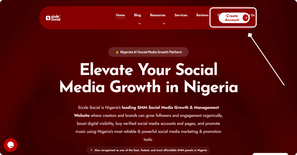 Sizzle Social homepage showing Elevate Your Social Media Growth in Nigeria with Create Account button