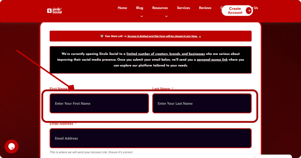 Sizzle Social registration form showing first name, last name and email address input fields