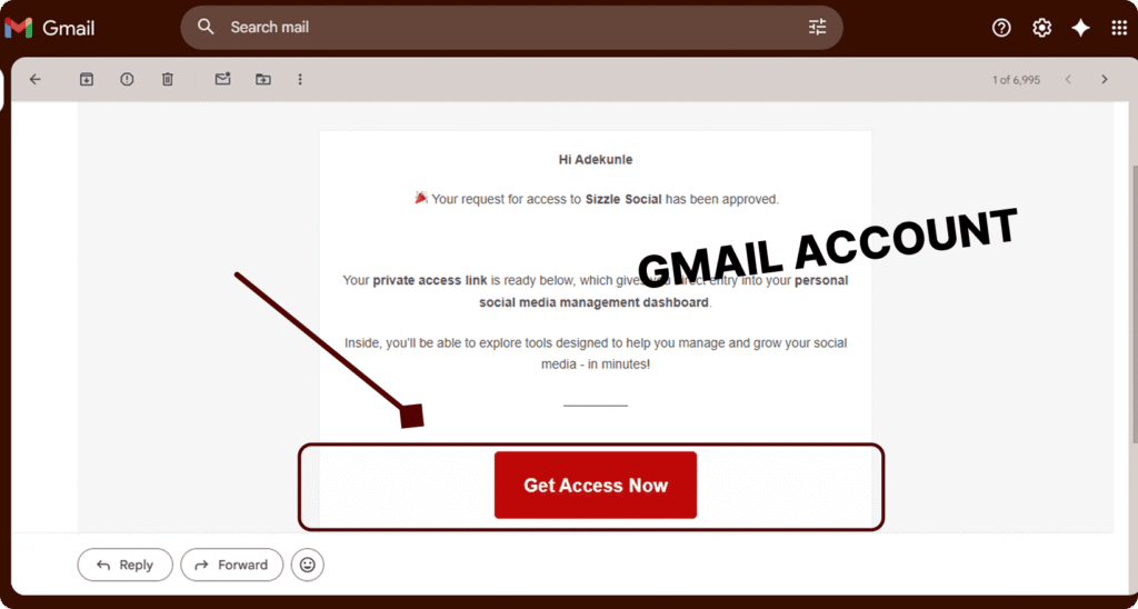 Gmail inbox showing Sizzle Social access approval email with Get Access Now button