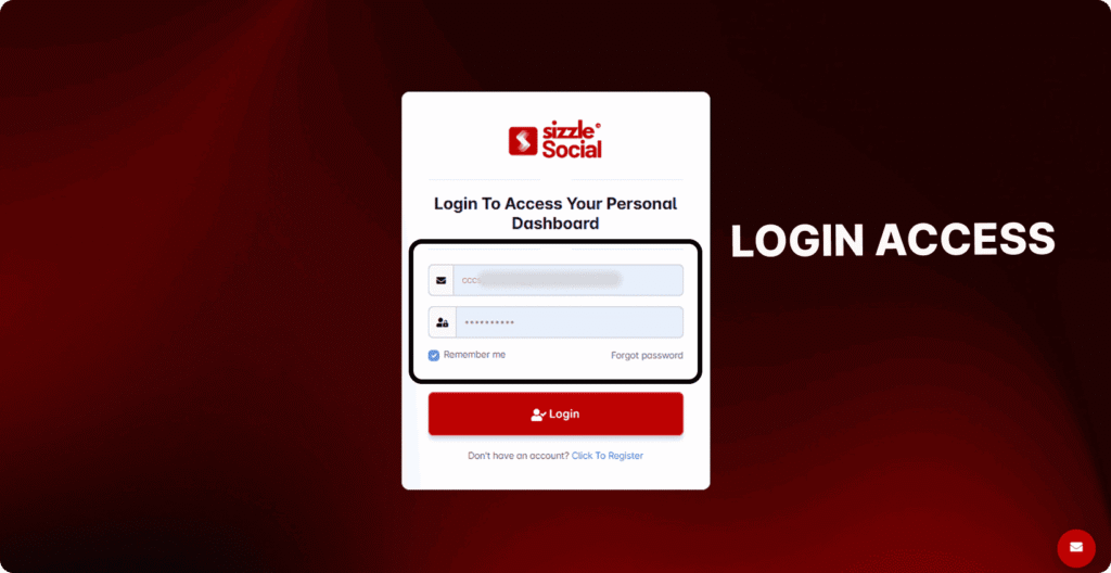 Sizzle Social login page showing email and password fields with red login button on dark background