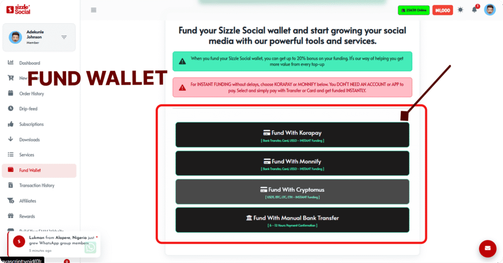 Sizzle Social fund wallet page showing Korapay, Monnify, Cryptomus and bank transfer payment options