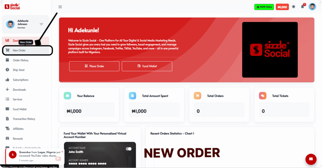 Sizzle Social dashboard with New Order button highlighted in sidebar navigation menu