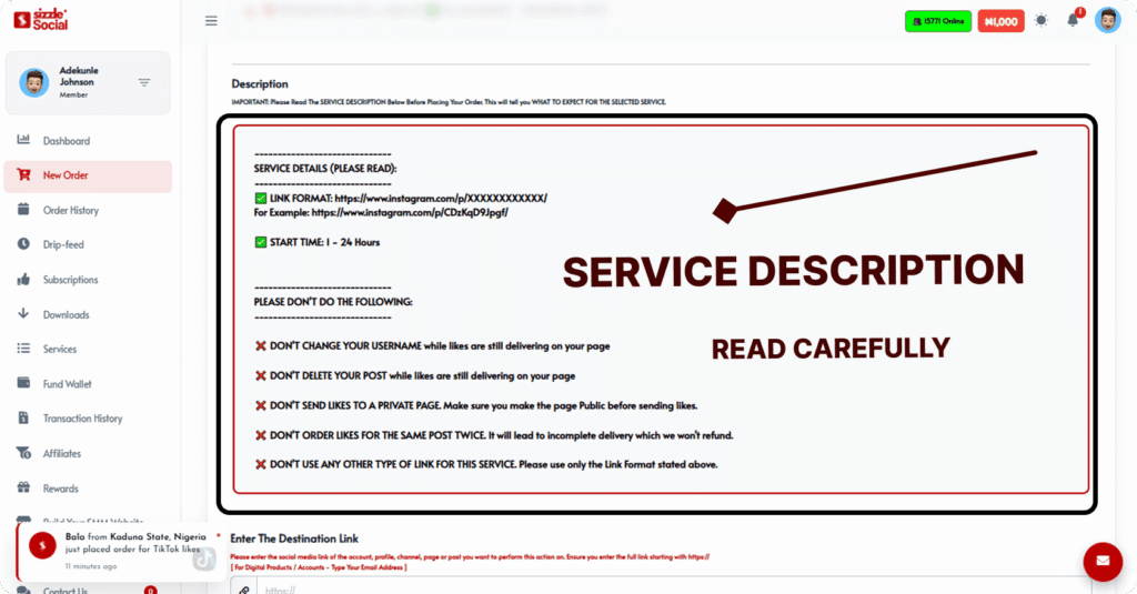 Sizzle Social order page showing service description with link format requirements and usage rules