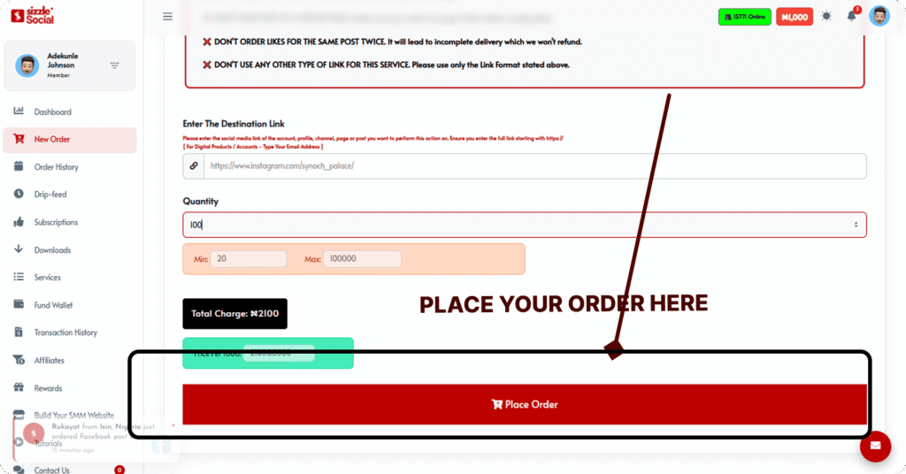 Sizzle Social order page with Place Order button highlighted showing total charge and price per thousand