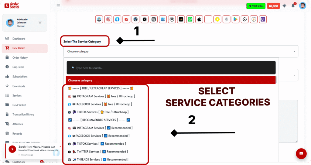 Sizzle Social new order page showing free ultrach and recommended service categories dropdown for Instagram TikTok Facebook