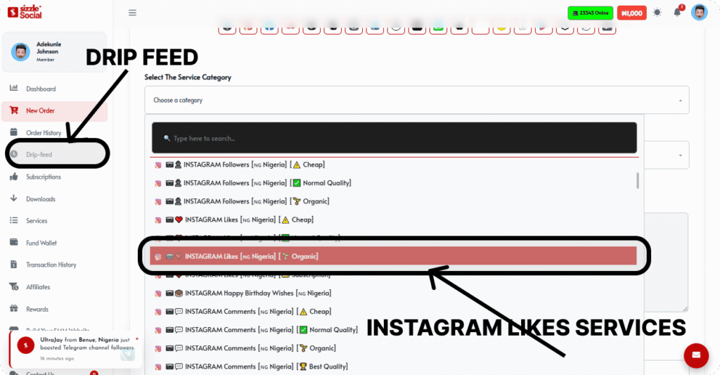 Sizzle Social new order page highlighting Drip-feed feature and Instagram Likes Organic service for Nigerian users