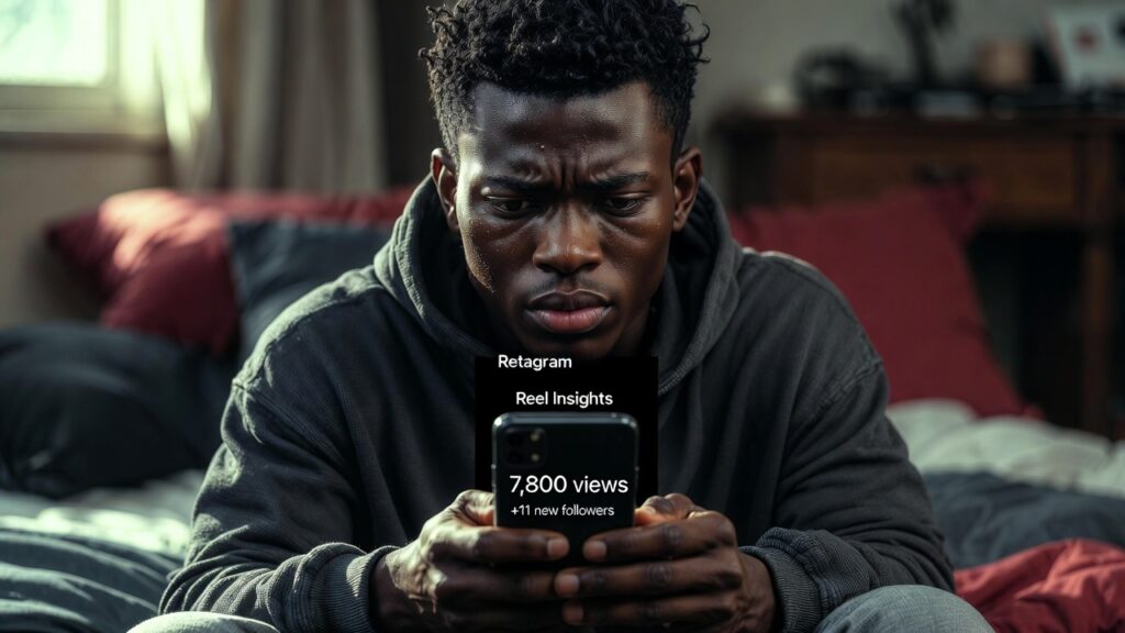 Nigerian Instagram creator checking Reel analytics showing high views but low follower growth