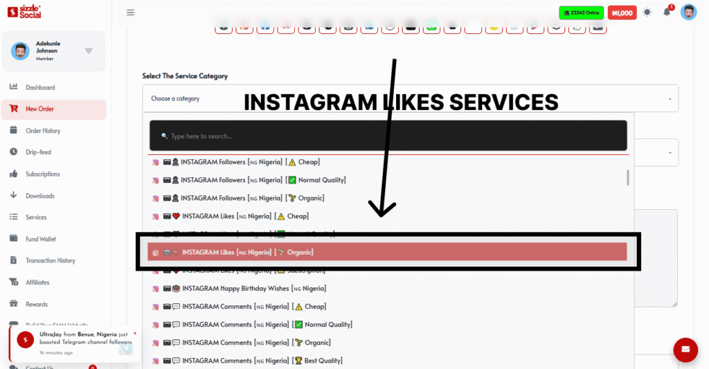Sizzle Social dashboard showing Instagram Likes Organic service selected under New Order category for Nigerian users