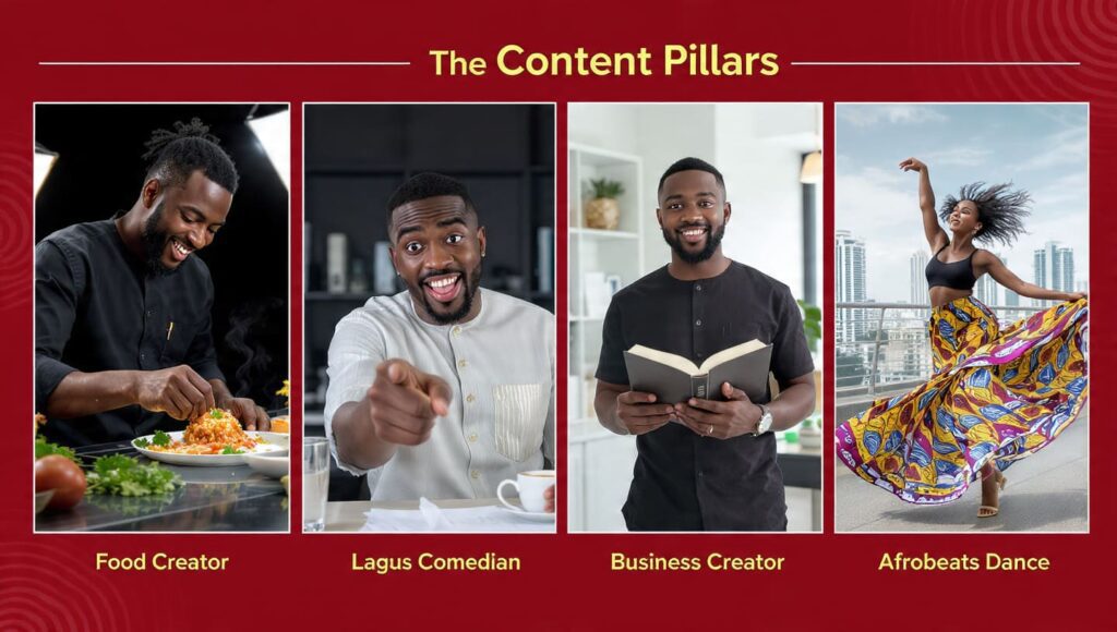 Collage of popular Nigerian Instagram Reels content categories including Afrobeats dance food content and business tips