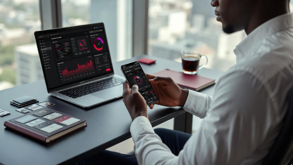 Nigerian startup founder managing Instagram business profile on phone in Lagos office