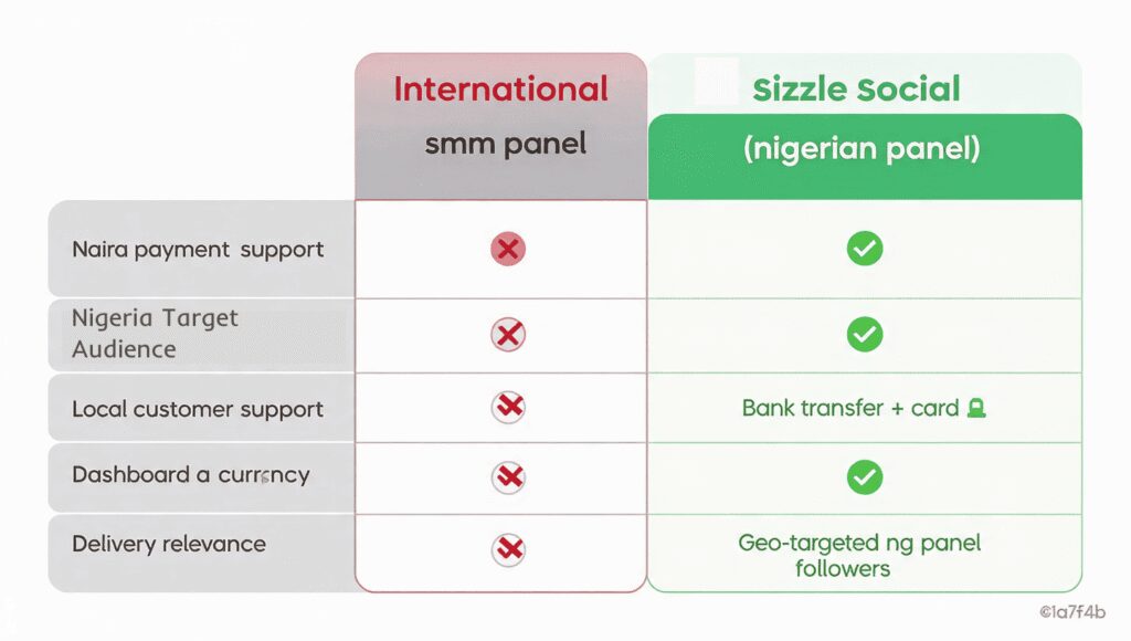International vs Nigerian SMM panel comparison table showing Naira payment support, Nigerian audience targeting, and local customer support advantages of Sizzle Social