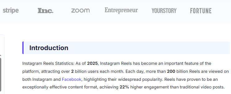 White article introduction showing Instagram Reels statistics with 2 billion monthly users in 2025