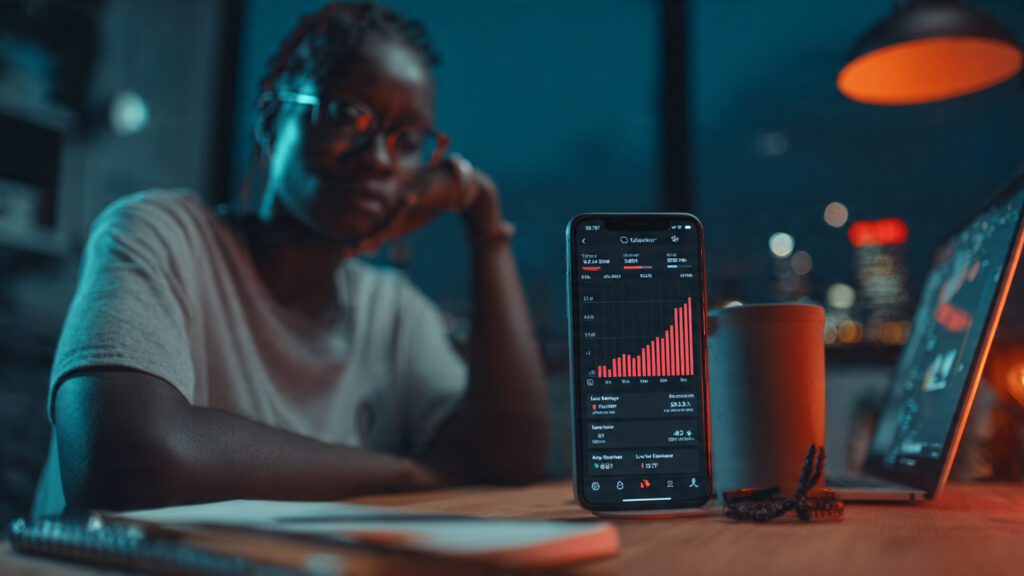 Nigerian content creator viewing flat Instagram analytics on phone with Lagos skyline background.