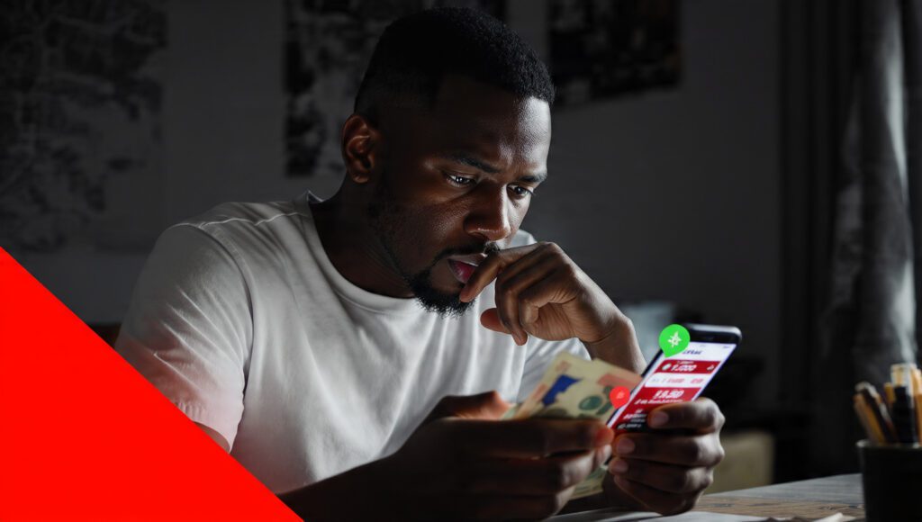 Nigerian man counting Naira while comparing cheap Instagram SMM panel prices on his phone — deciding between a dirt-cheap panel and a reliable affordable panel in Nigeria 2026