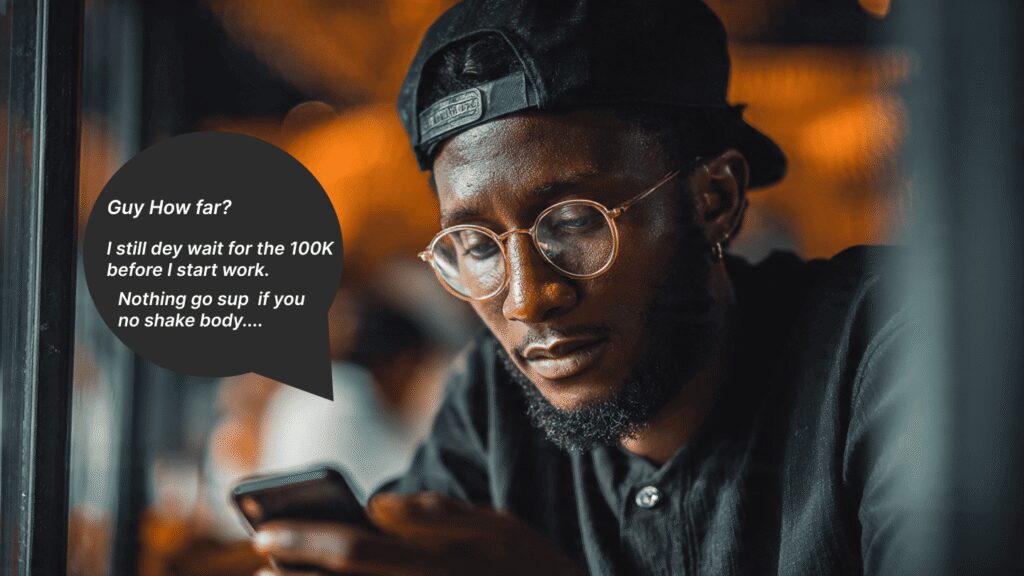 Nigerian business owner replying to Instagram comments on phone in Lagos — community engagement