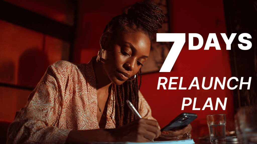Nigerian content creator planning 7-day Instagram revival strategy on phone and notepad in Lagos