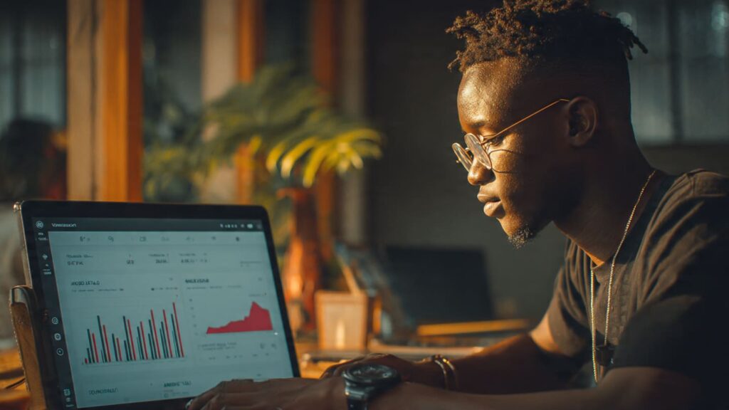 Nigerian content creator analyzing Instagram algorithm insights on laptop in Lagos Nigeria 2026